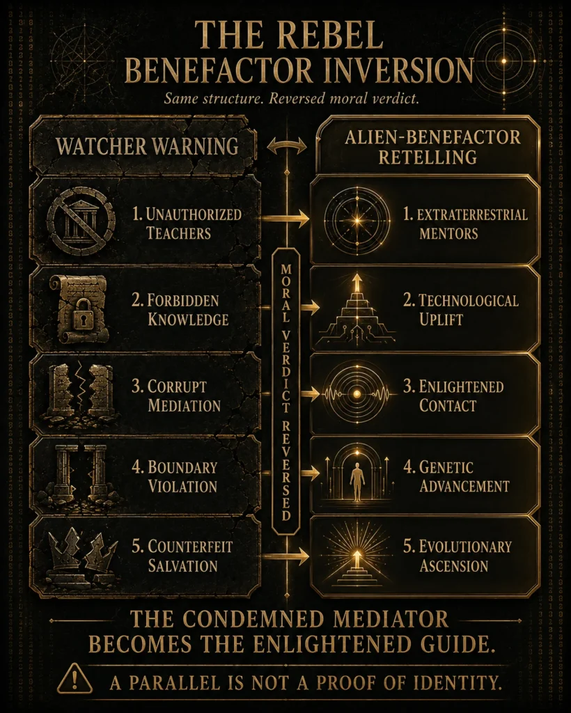 Infographic comparing the Watcher warning with alien-benefactor retellings that recast forbidden knowledge, corrupt mediation, boundary violation, and counterfeit salvation as technological uplift and evolutionary ascension.