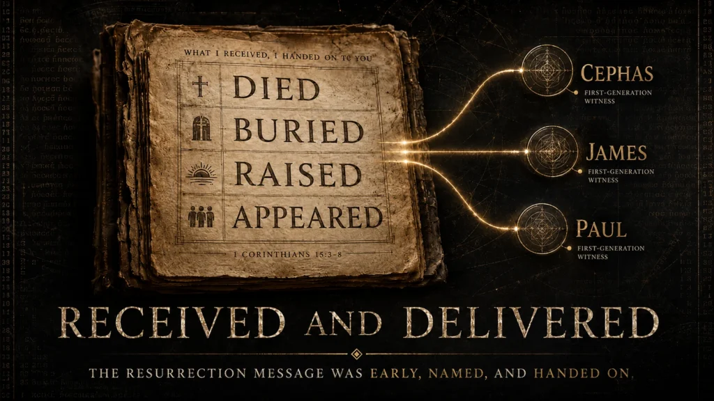Black and gold Christian editorial image showing the early resurrection message from 1 Corinthians 15:3–8 as died, buried, raised, and appeared, connected to Cephas, James, and Paul.