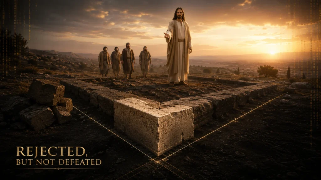 The risen Jesus stands beyond an ancient cornerstone as restored disciples approach Him at dawn.