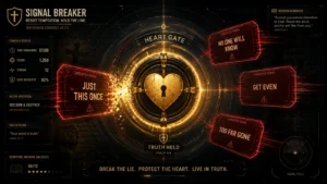 Resist temptation Christian game showing a Heart Gate guarded from corrupted temptation signals