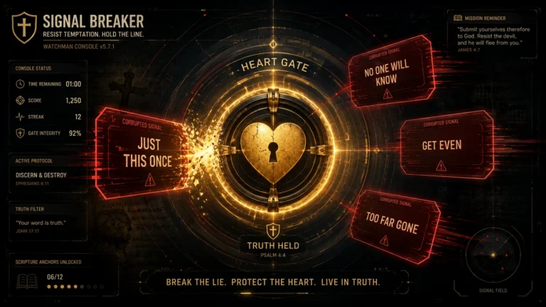 Resist temptation Christian game showing a Heart Gate guarded from corrupted temptation signals