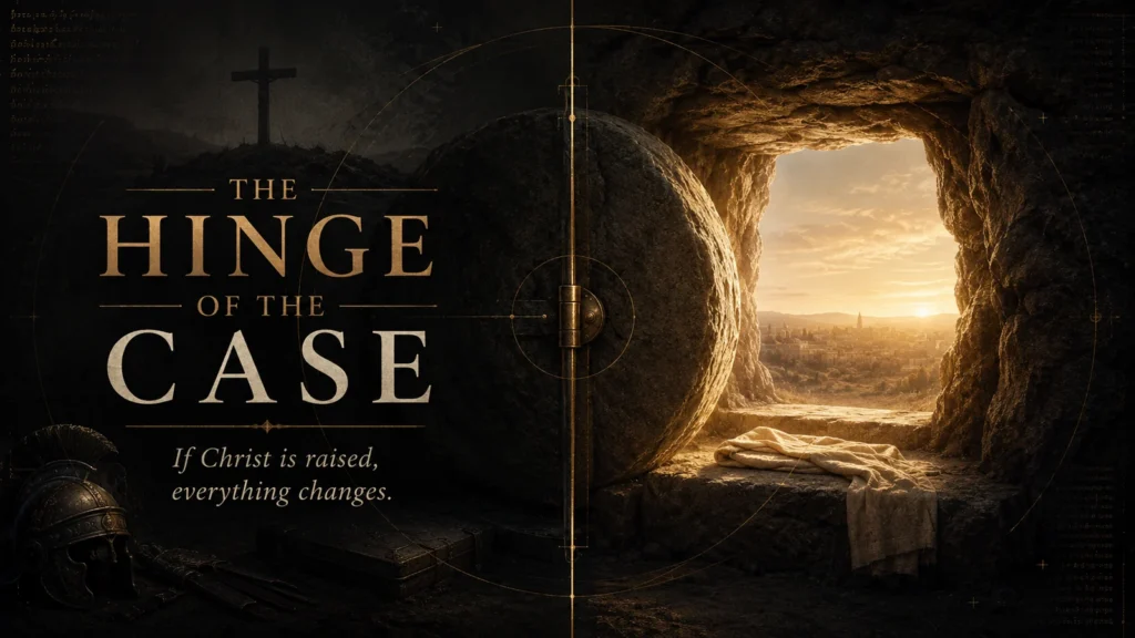 Black and gold Christian editorial image showing the opened tomb, rolled stone, folded burial cloth, and resurrection light with the title The Hinge of the Case.