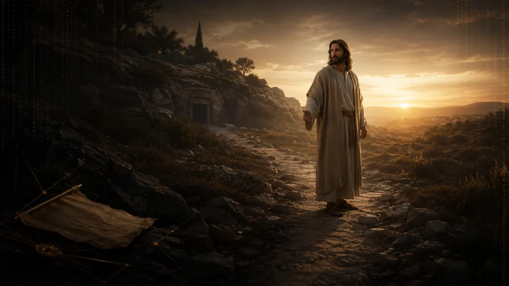 The risen Jesus stands on a rocky path at dawn near an open tomb as an ancient parchment fades into shadow.