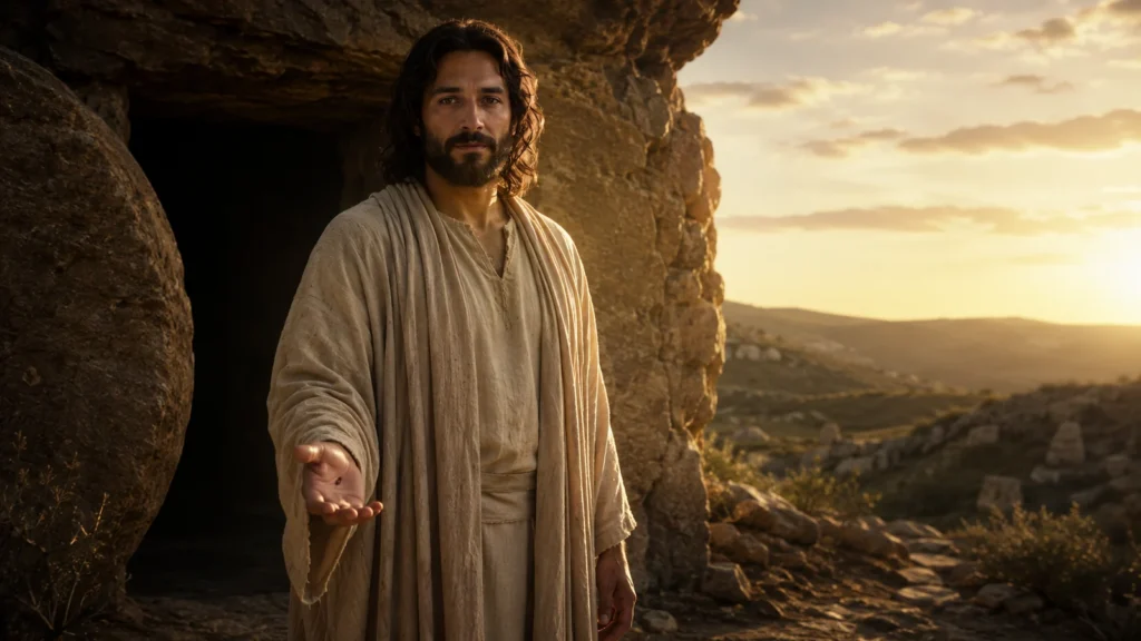 The risen Jesus stands outside the open tomb with a healed scar visible in His outstretched hand.