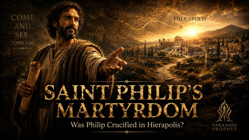 Saint Philip holding a scroll and extending his hand in invitation with Hierapolis in the background