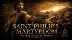 Saint Philip holding a scroll and extending his hand in invitation with Hierapolis in the background