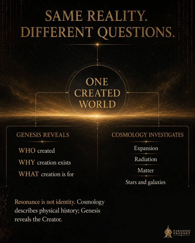Christian infographic explaining that Genesis reveals who created, why creation exists, and what creation is for, while cosmology investigates expansion, radiation, matter, stars, and galaxies within one created world.
