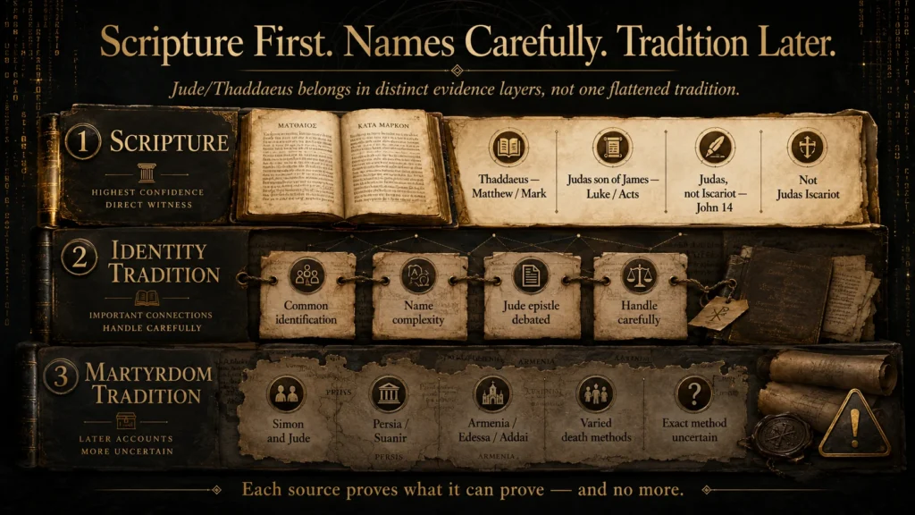 Evidence map showing three source layers for Jude and Thaddaeus: Scripture, identity tradition, and martyrdom tradition.