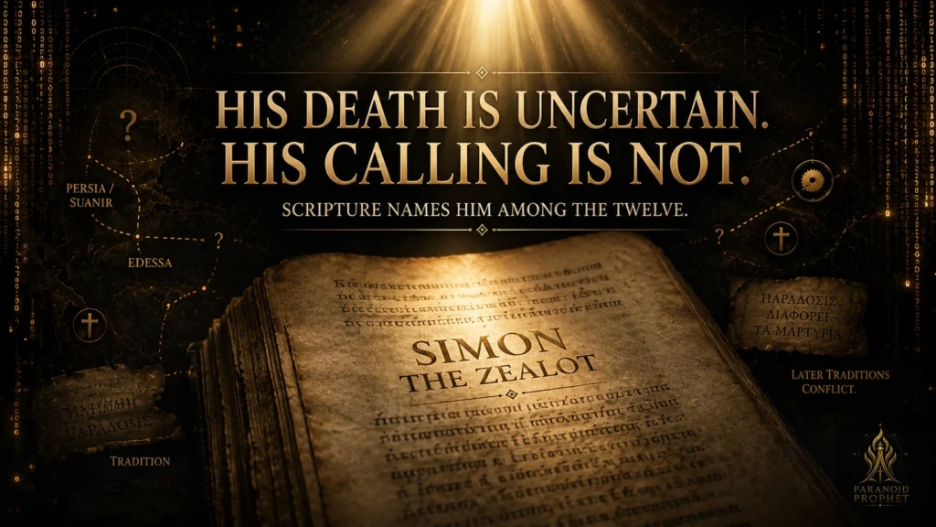Closing banner showing Simon the Zealot highlighted in an ancient manuscript with the words His death is uncertain, his calling is not.