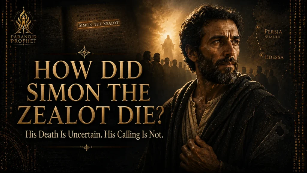 Simon the Zealot stands beneath Christ’s calling light with the words How did Simon the Zealot die, showing that his death tradition is uncertain but his calling is not.
