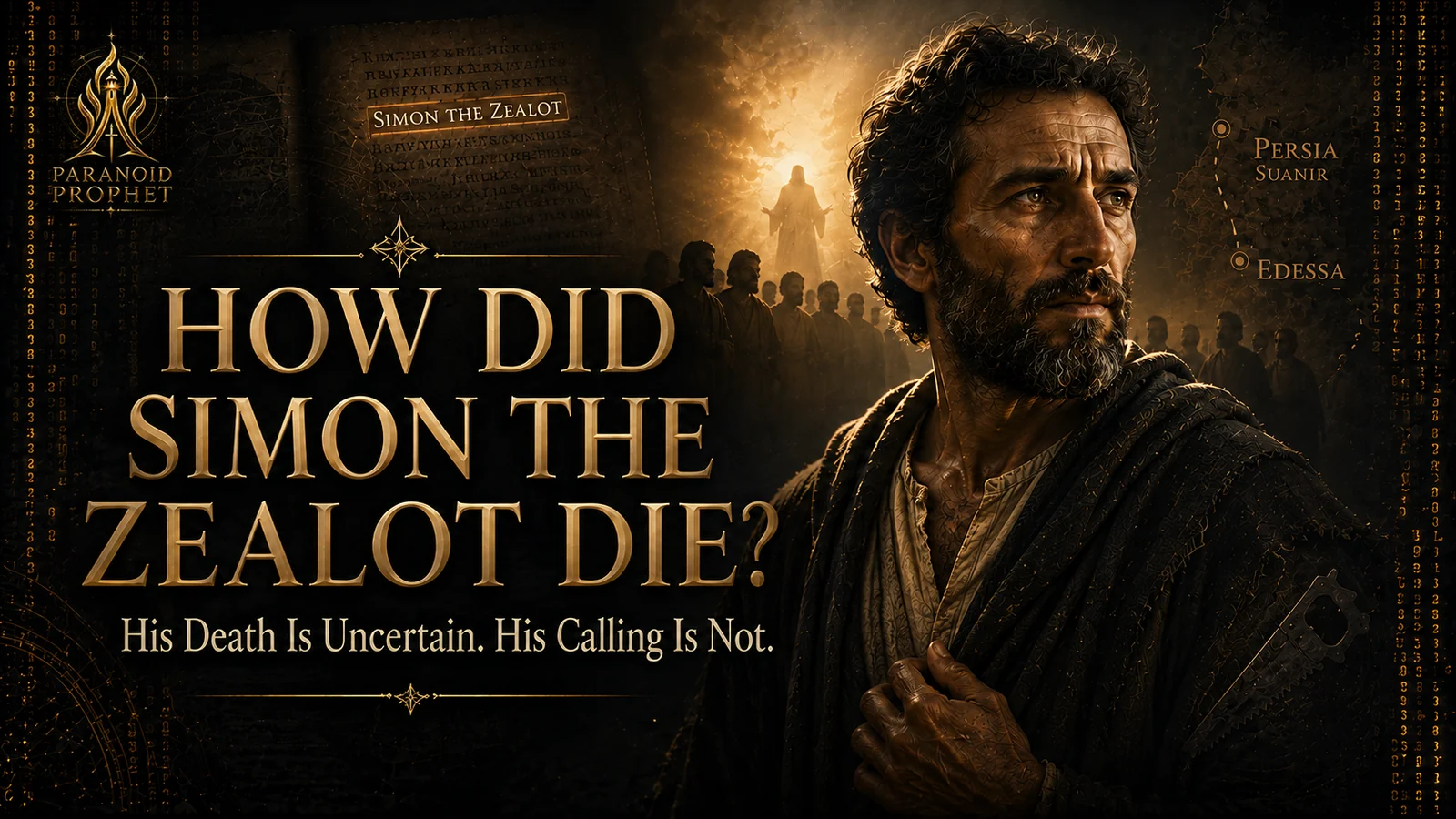 Simon the Zealot stands beneath Christ’s calling light with the words How did Simon the Zealot die, showing that his death tradition is uncertain but his calling is not.