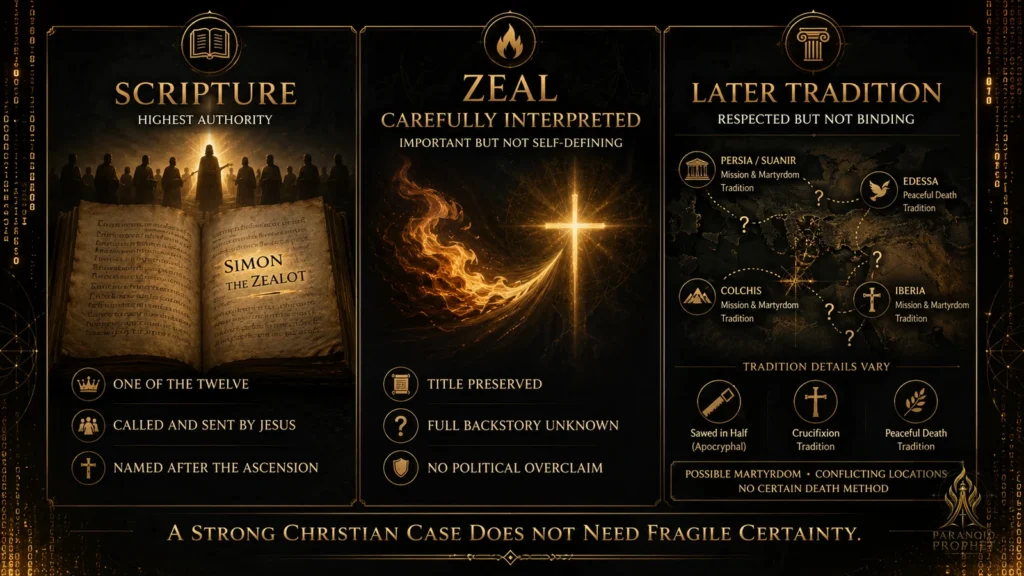 Evidence map for Simon the Zealot showing Scripture first, zeal carefully interpreted, and later tradition with conflicting death accounts.