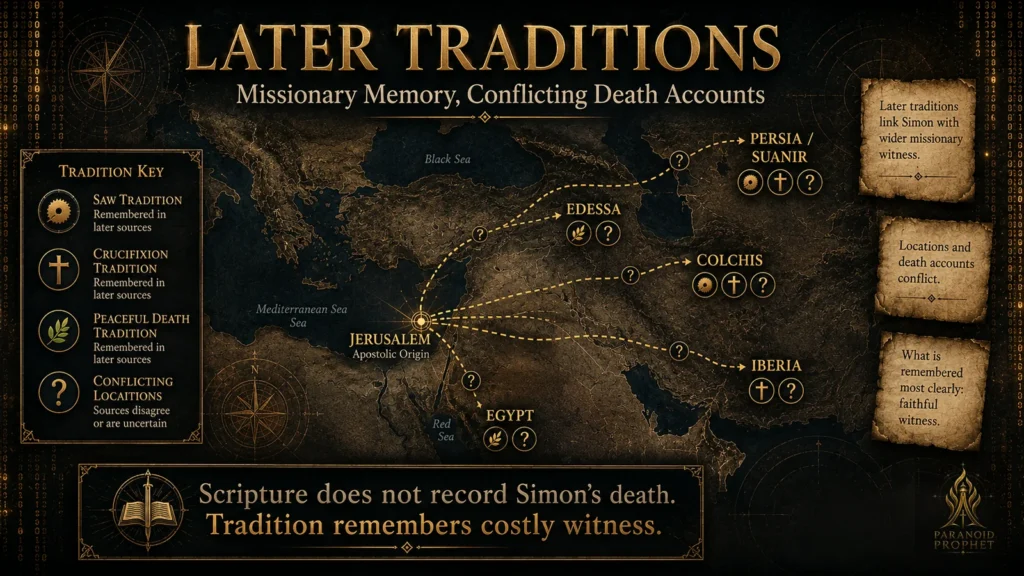 Map of later traditions about Simon the Zealot showing Jerusalem, Persia, Suanir, Edessa, Colchis, Iberia, and Egypt with conflicting death accounts.