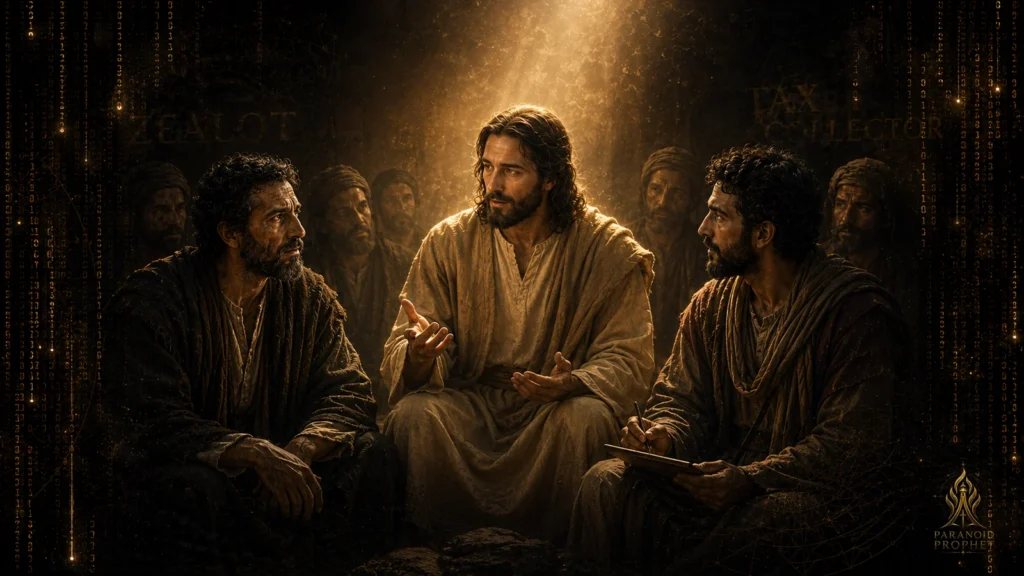 Jesus teaches Simon the Zealot and Matthew the tax collector, showing zeal and old loyalties brought under the authority of Christ.