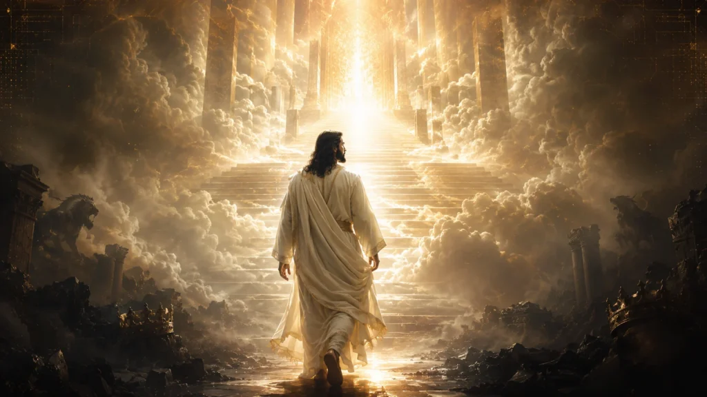 Jesus as the Son of Man approaching the radiant throne-presence in Daniel 7 while the symbols of fallen human kingdoms lie in ruins.