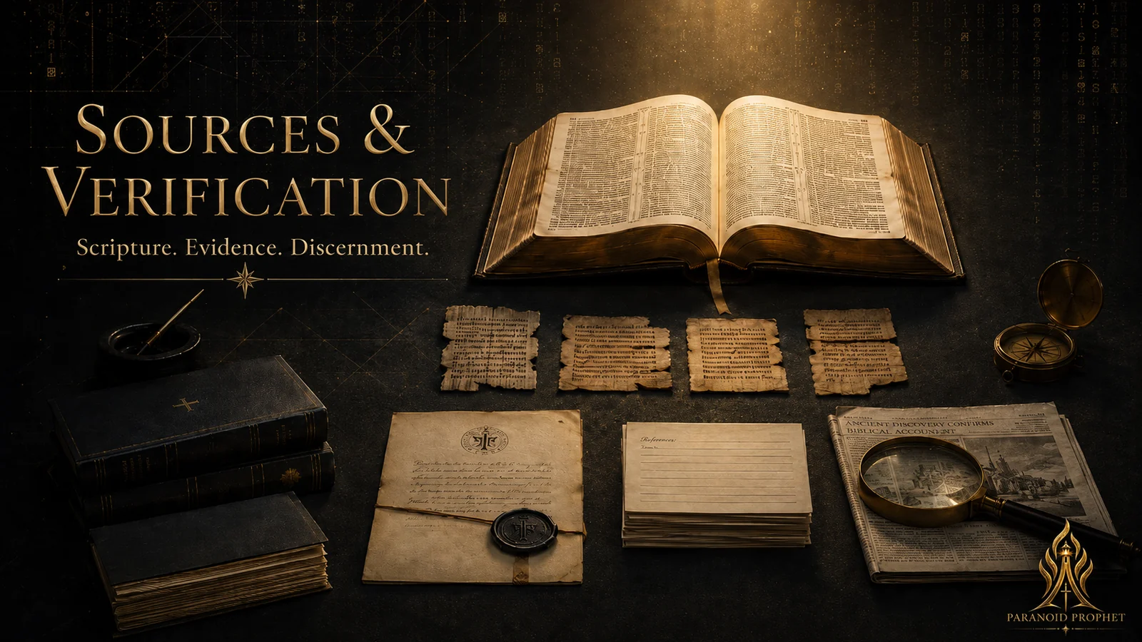 Sources and Verification featured image with an open Bible, research documents, evidence papers, magnifying glass, and Paranoid Prophet logo.