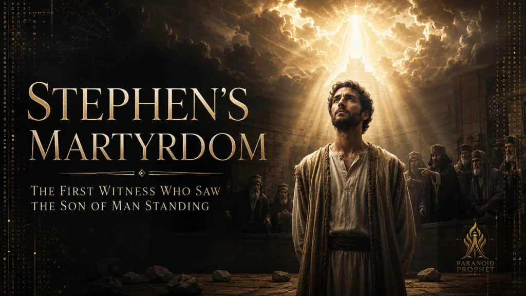 Featured image for Stephen’s martyrdom showing Stephen before hostile council figures as heaven opens above him, symbolizing his witness to the Son of Man standing at God’s right hand.