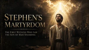 Featured image for Stephen’s martyrdom showing Stephen before hostile council figures as heaven opens above him, symbolizing his witness to the Son of Man standing at God’s right hand.