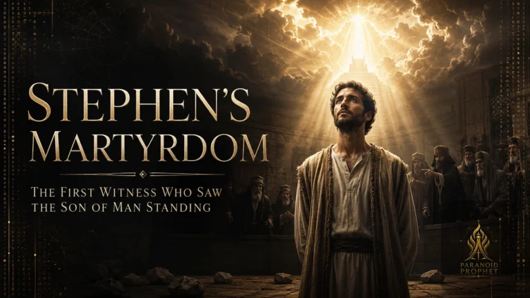 Featured image for Stephen’s martyrdom showing Stephen before hostile council figures as heaven opens above him, symbolizing his witness to the Son of Man standing at God’s right hand.