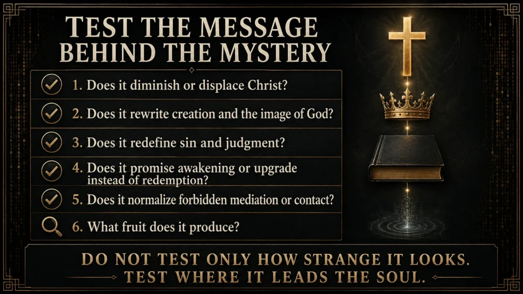 Christian discernment checklist testing mysterious claims by their view of Christ, creation, sin, redemption, forbidden mediation, and spiritual fruit.