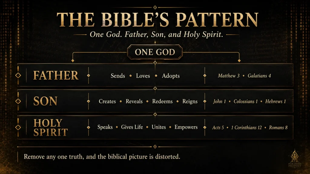 Christian Scripture evidence infographic showing one God and the distinct biblical witness to the Father, Son, and Holy Spirit.