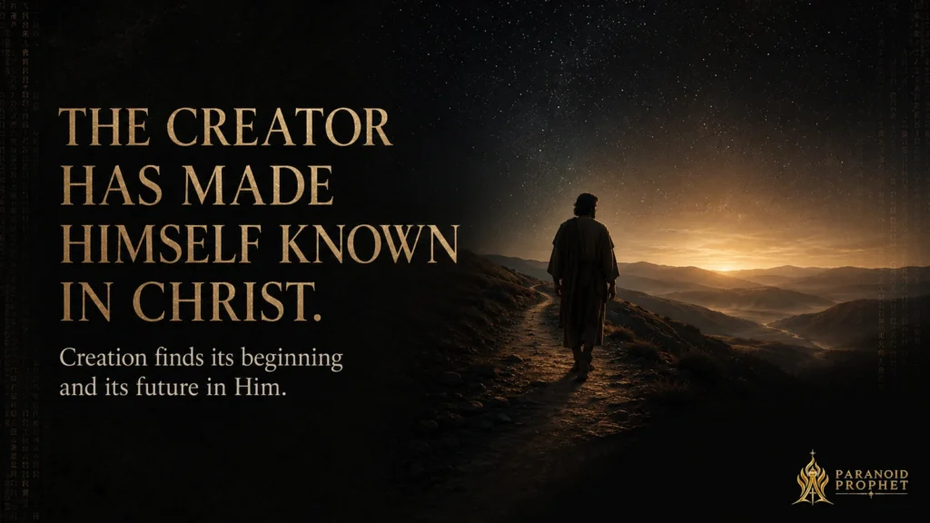 Jesus walking along a dark mountain path toward a golden dawn beneath a star-filled sky, illustrating that the Creator has made Himself known in Christ.