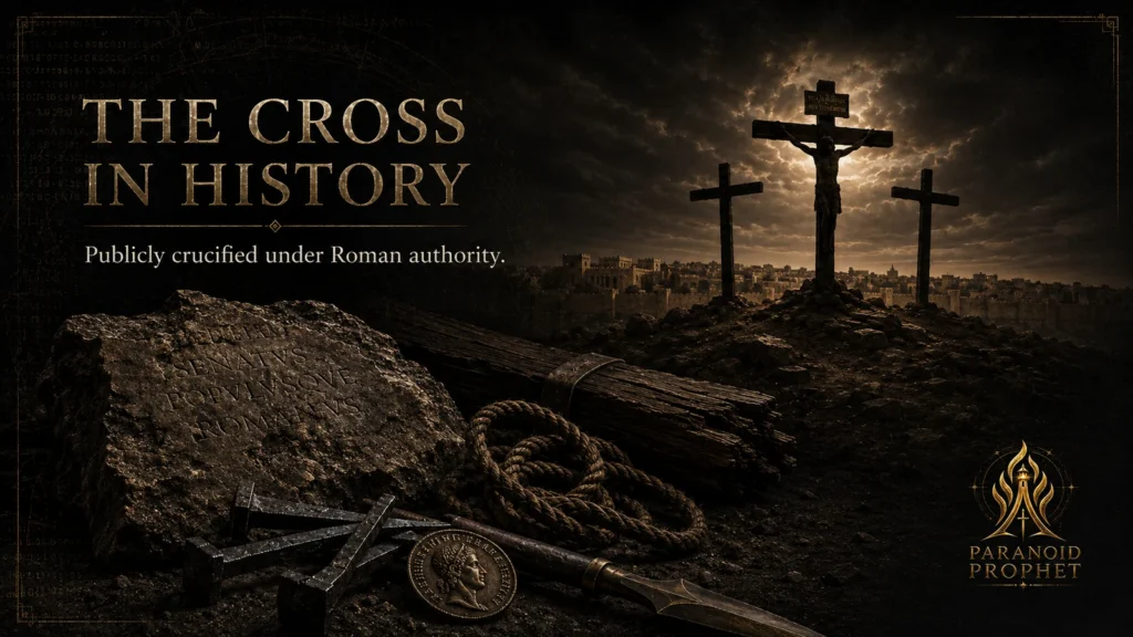 Dark Christian editorial image showing three crosses on Golgotha with Roman execution artifacts, nails, rope, timber, and Jerusalem in the background.