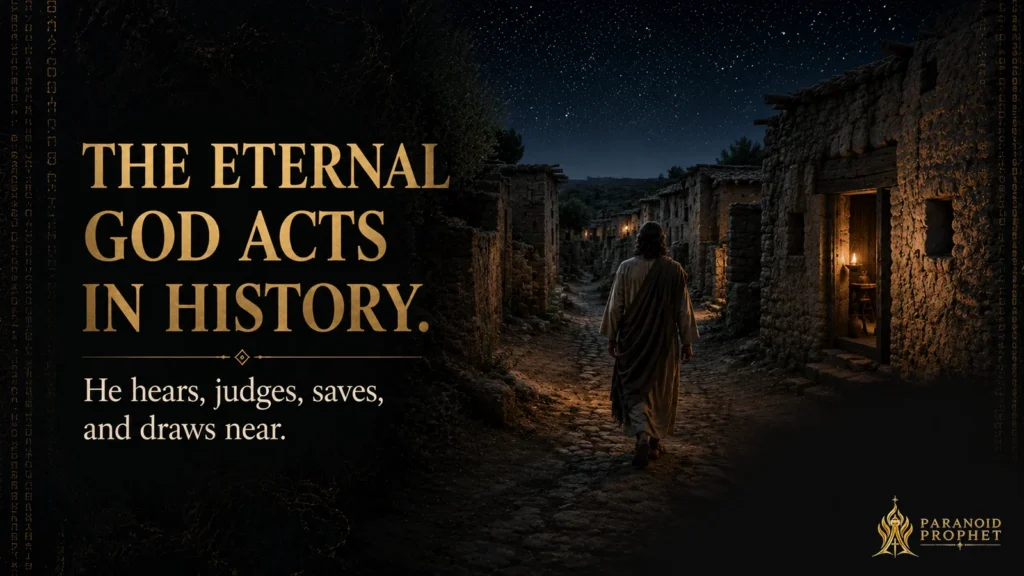 Jesus walking through a quiet first-century Judean stone lane at night beneath a star-filled sky, with a warm oil lamp glowing from a humble doorway.