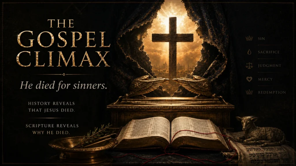 Black and gold Christian editorial image showing the cross, torn veil, mercy seat, open Scripture, lamb, scarlet thread, and atonement symbols with the words The Gospel Climax.