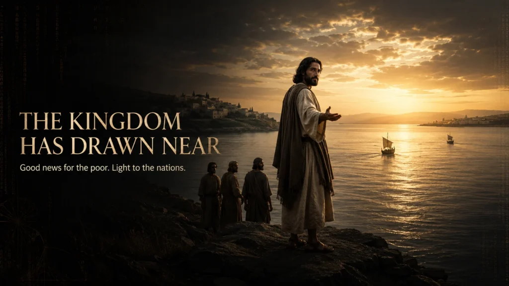 Jesus stands above the Sea of Galilee with His disciples as boats travel toward distant shores beneath the words The Kingdom Has Drawn Near.