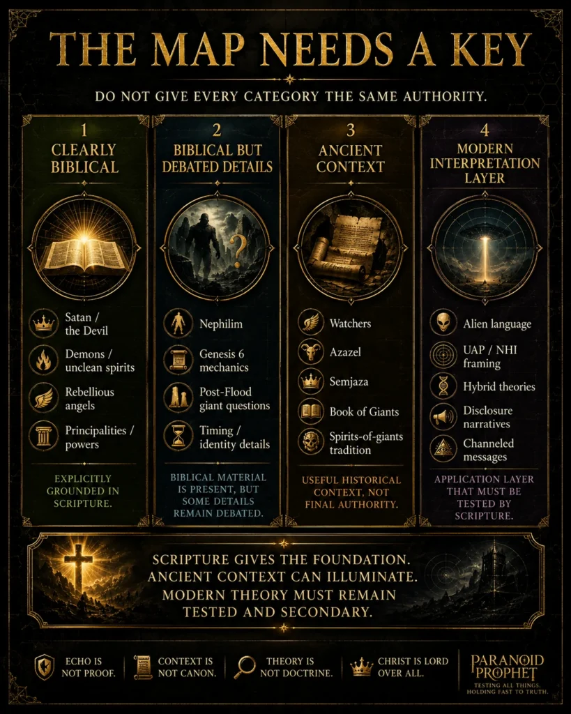 Black and gold infographic explaining the Unseen Rebellion Map classification key, with categories for clearly biblical material, debated biblical details, ancient context, and modern interpretation.