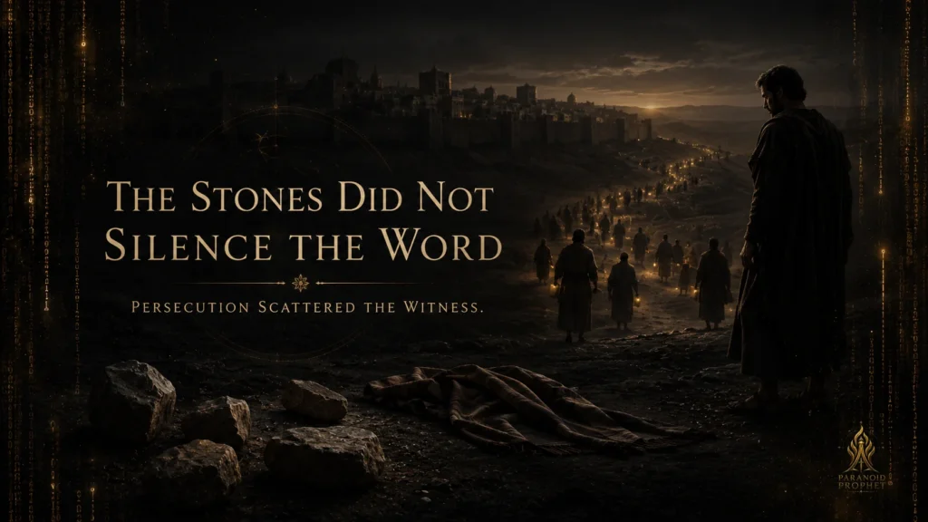 Closing banner showing stones and a cloak in the foreground, Saul in shadow, and believers scattering from Jerusalem with light, symbolizing the spread of the gospel after Stephen’s death.