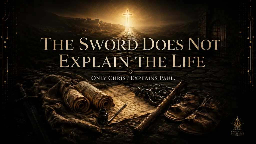 Closing banner showing a shadowed Roman sword, scrolls, chains, worn sandals, and a road toward Christ-centered light, symbolizing that only Christ explains Paul’s life.