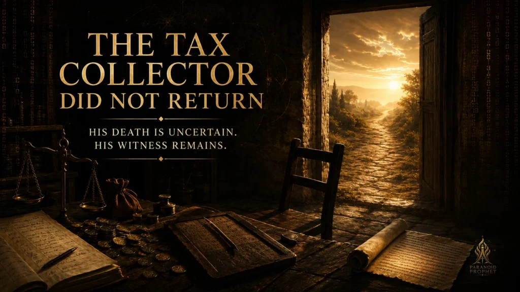 Closing banner showing an empty tax booth with coins, ledgers, scales, and a pushed-back chair beside an open road lit by golden light, symbolizing Matthew leaving the old life to follow Christ.