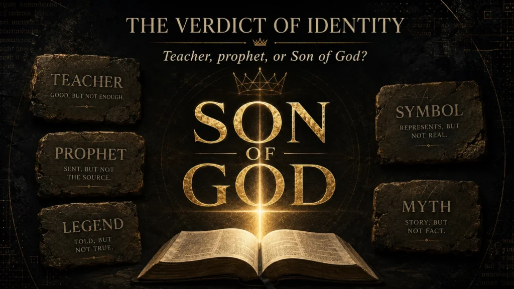 Black and gold Christian editorial image showing Son of God as the central verdict over insufficient labels like teacher, prophet, legend, symbol, and myth.