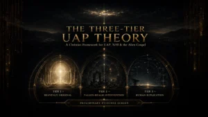 Christian Three-Tier UAP Theory graphic showing the Heavenly Original, fallen-realm intervention, human replication, and a preliminary evidence screen.