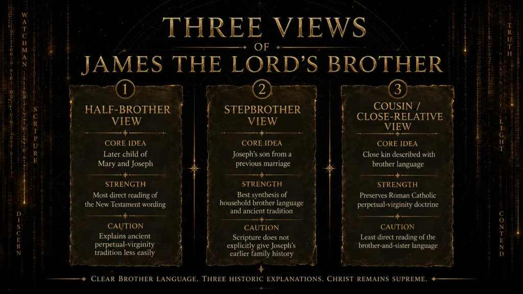 Infographic comparing the half-brother, stepbrother, and cousin views of James the Lord’s brother.