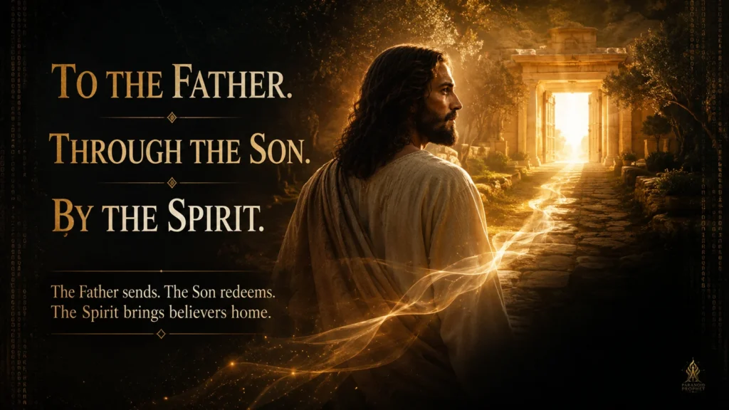 Jesus Christ stands near a glowing sanctuary-like doorway as warm light and gentle wind lead toward the Father’s welcome, illustrating salvation through the Son by the Holy Spirit.