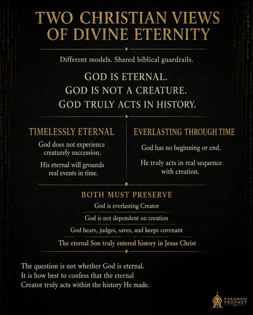 Christian infographic comparing timeless divine eternity and everlasting divine life while showing shared biblical beliefs that God is eternal, not a creature, and truly acts in history.