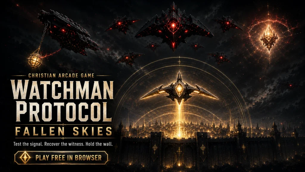 Watchman Protocol Fallen Skies Christian arcade game poster with a sentinel defending a city from false lights and hostile formations
