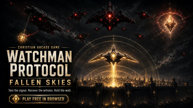 Watchman Protocol Fallen Skies Christian arcade game poster with a sentinel defending a city from false lights and hostile formations