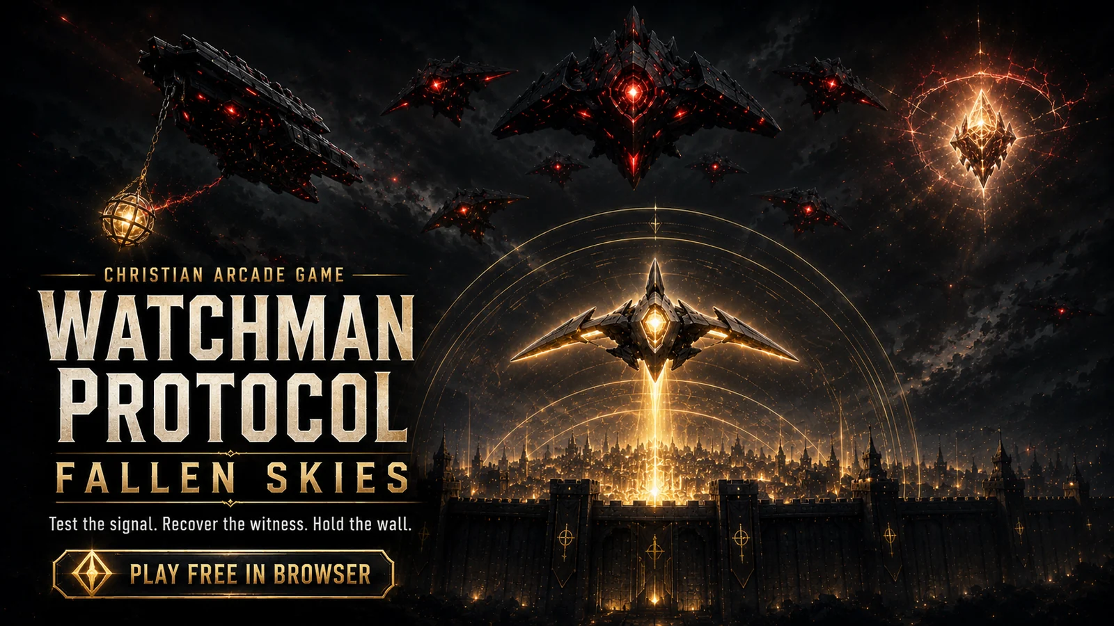 Watchman Protocol Fallen Skies arcade defense game showing a sentinel defending a city from false lights.