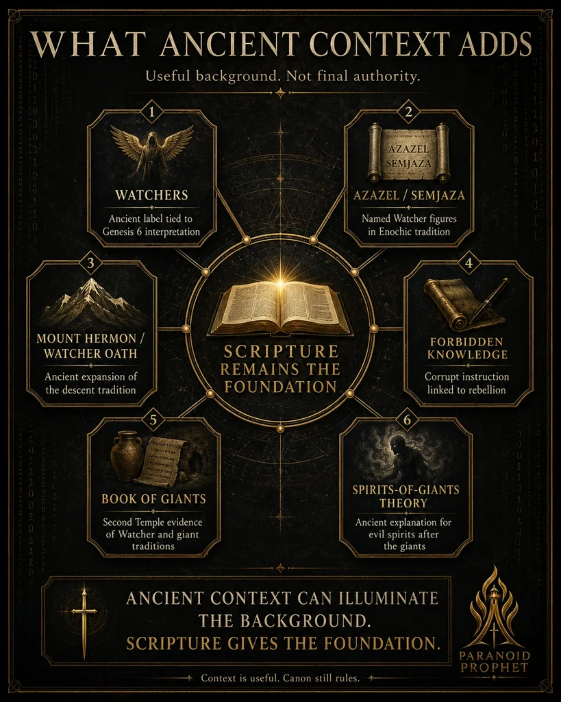 Black and gold infographic showing what ancient context adds to the unseen rebellion map, including Watchers, Azazel, Semjaza, Mount Hermon, forbidden knowledge, Book of Giants, and spirits-of-giants theory under Scripture’s authority.