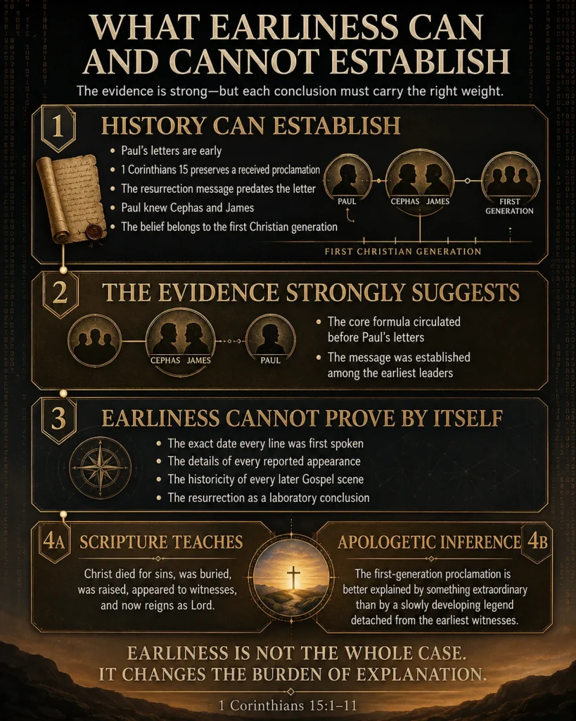 Infographic explaining what the early resurrection evidence can establish, strongly suggest, and cannot prove by itself.