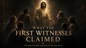 The risen Jesus stands at the center as first-century witnesses look toward Him, illustrating early resurrection claims.