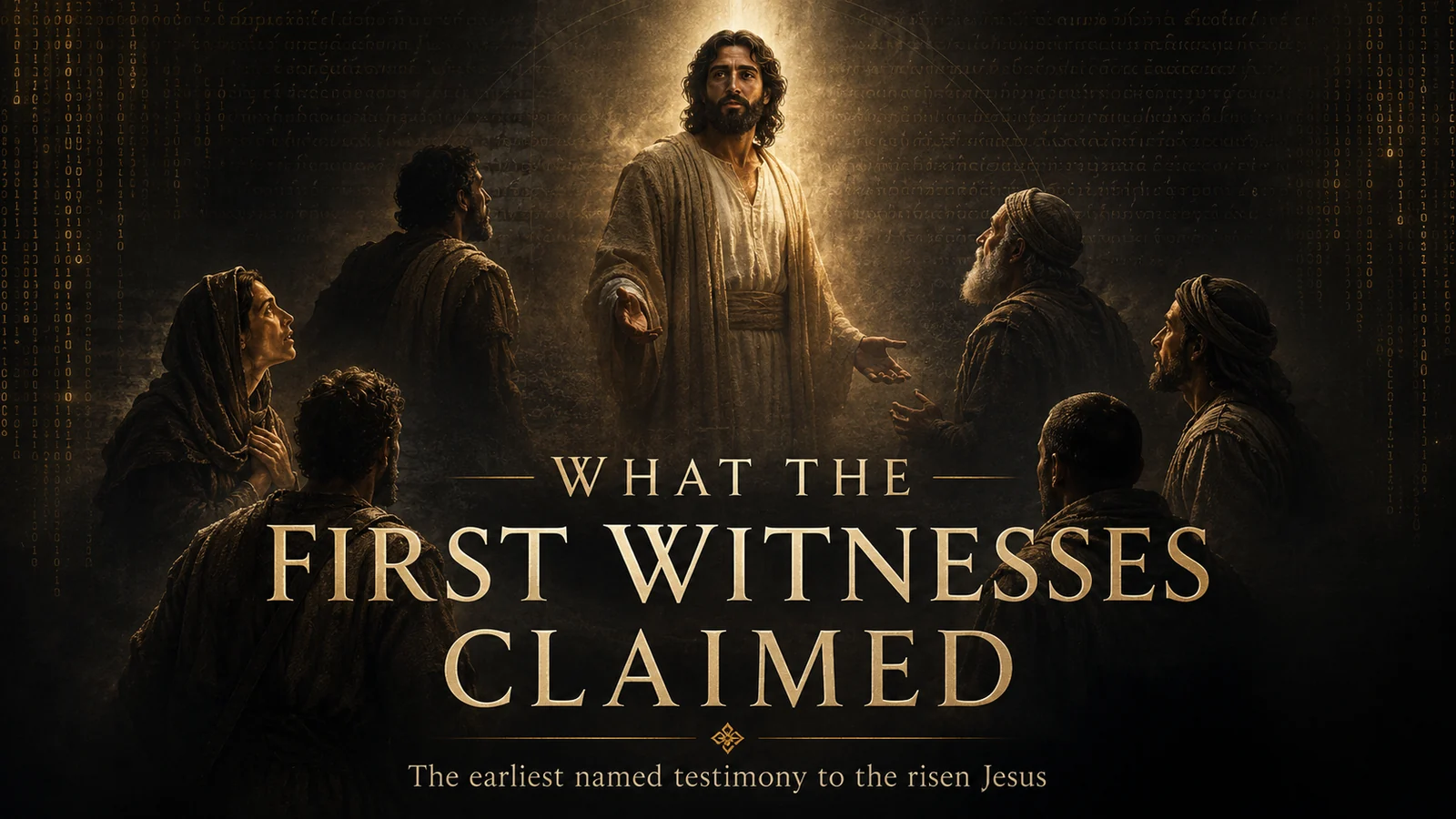 The risen Jesus stands at the center as first-century witnesses look toward Him, illustrating early resurrection claims.