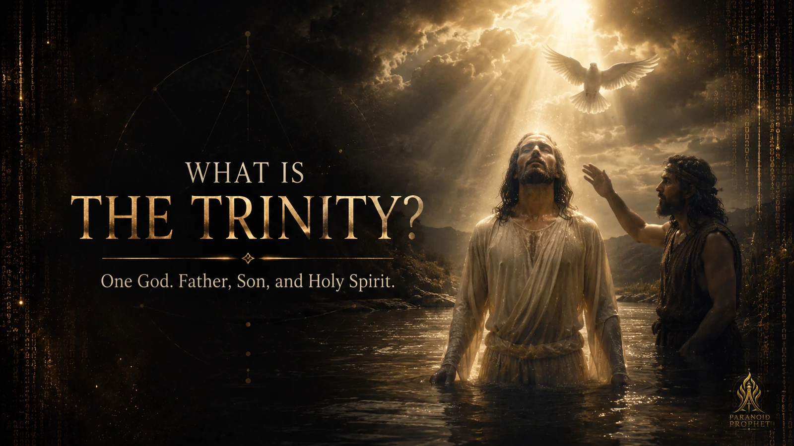 Jesus stands in the Jordan River at His baptism as John the Baptist looks on, the Holy Spirit descends like a dove, and heavenly light represents the Father.