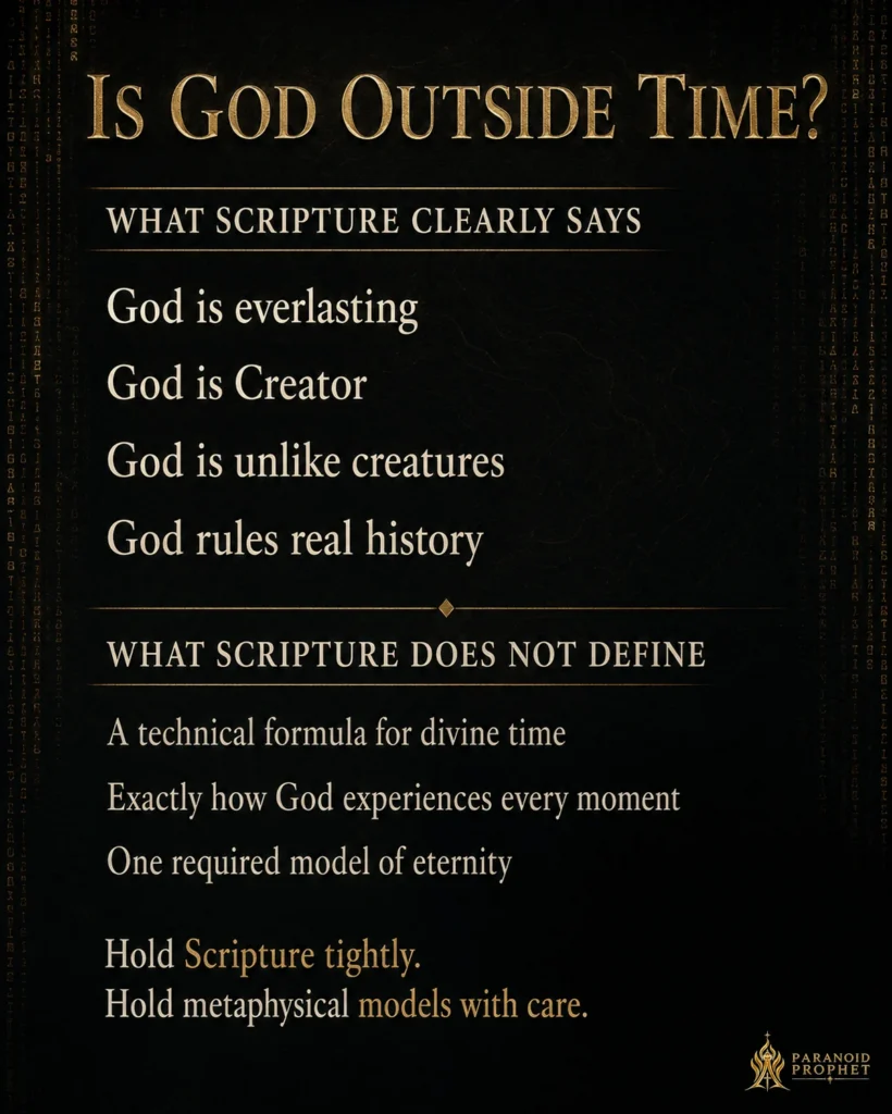 Christian infographic explaining that Scripture teaches God is everlasting, Creator, unlike creatures, and sovereign over real history, while not defining one technical formula for divine time.