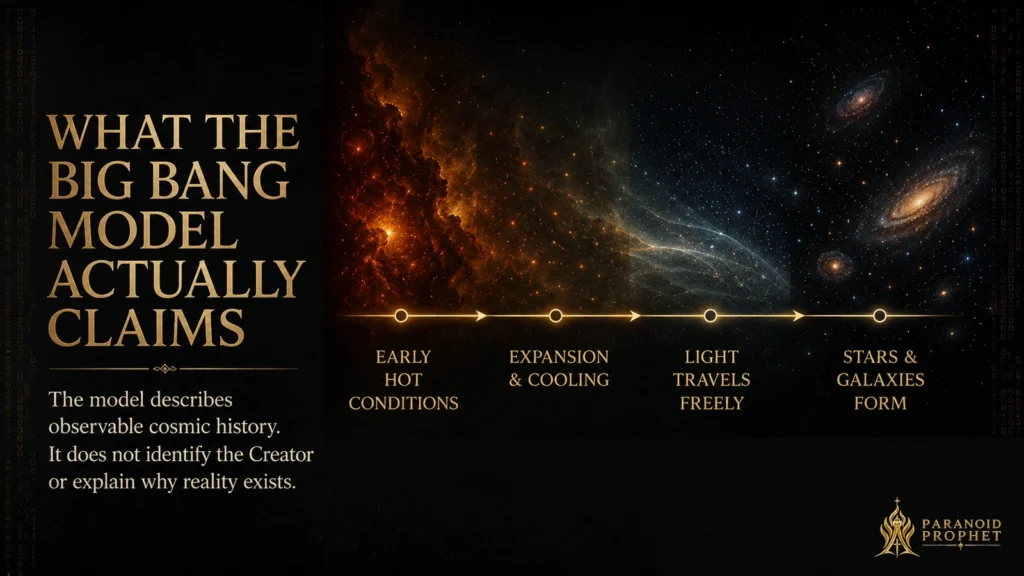 Christian cosmology infographic showing early hot conditions, expansion and cooling, light traveling freely, and the later formation of stars and galaxies.