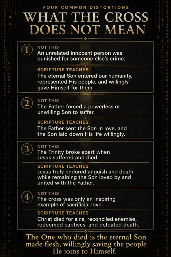 Infographic correcting four distortions about Jesus’ substitution, His willing death, the Trinity, and the saving purpose of the cross.